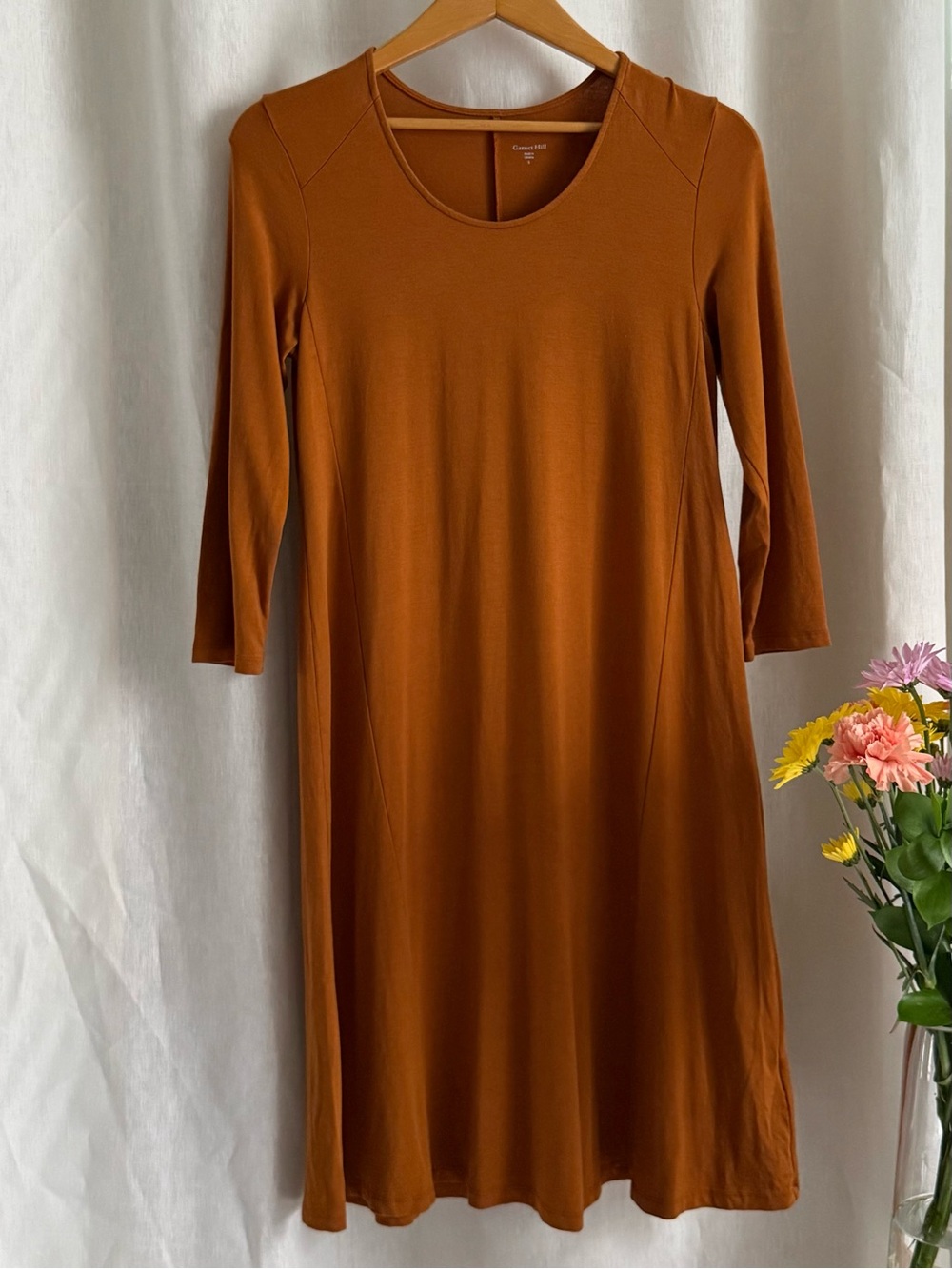 Garnet Hill Copper Copper Orange Tencel Lyocell 3/4 Sleeve A Line Midi Dress S
